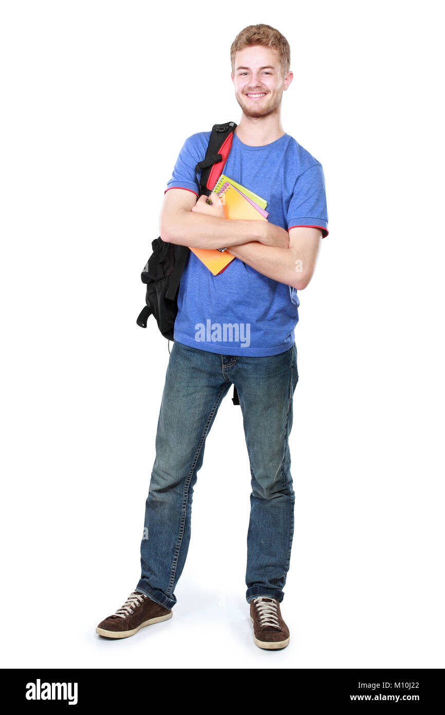 portrait of Young male student with books isolated over white ...