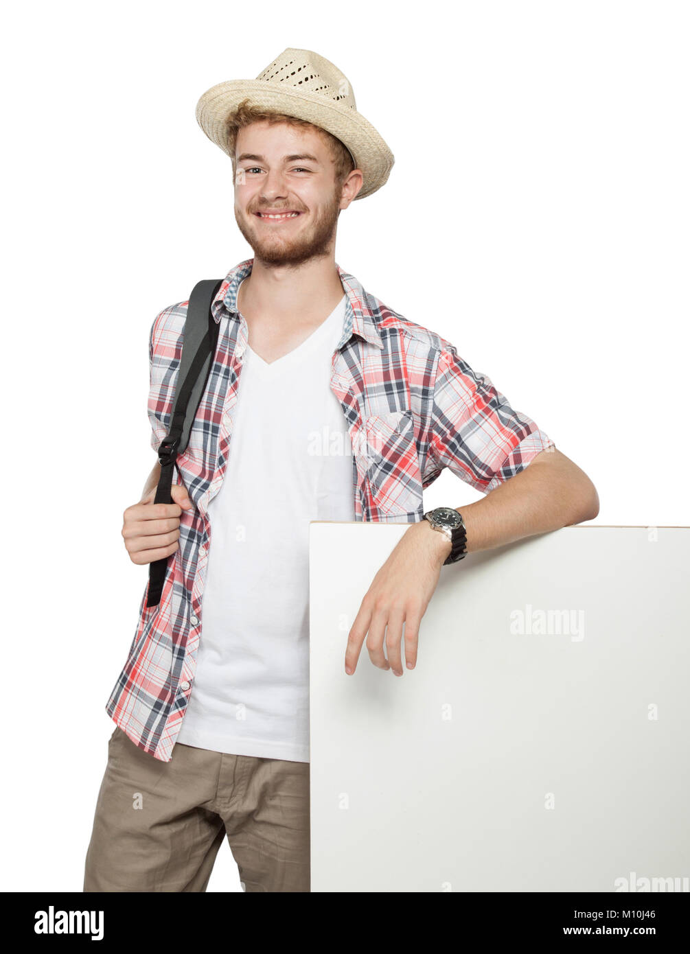 portrait of a young traveling man with backpack presenting with white ...