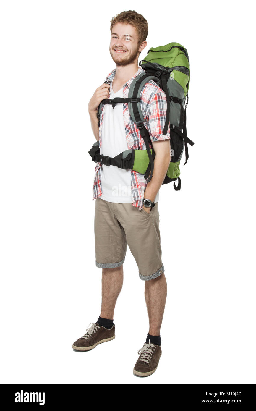 portrait of young man with backpack isolated over white background ...