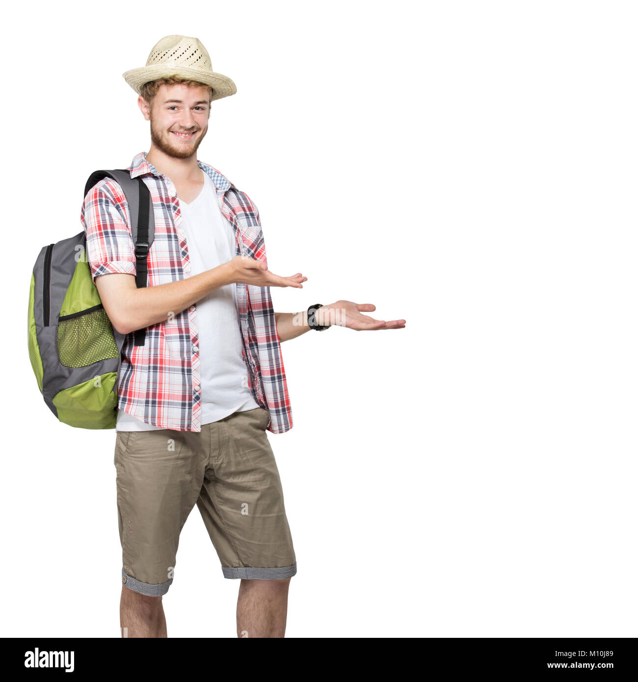 portrait of a young traveling man with backpack presenting isolated on ...