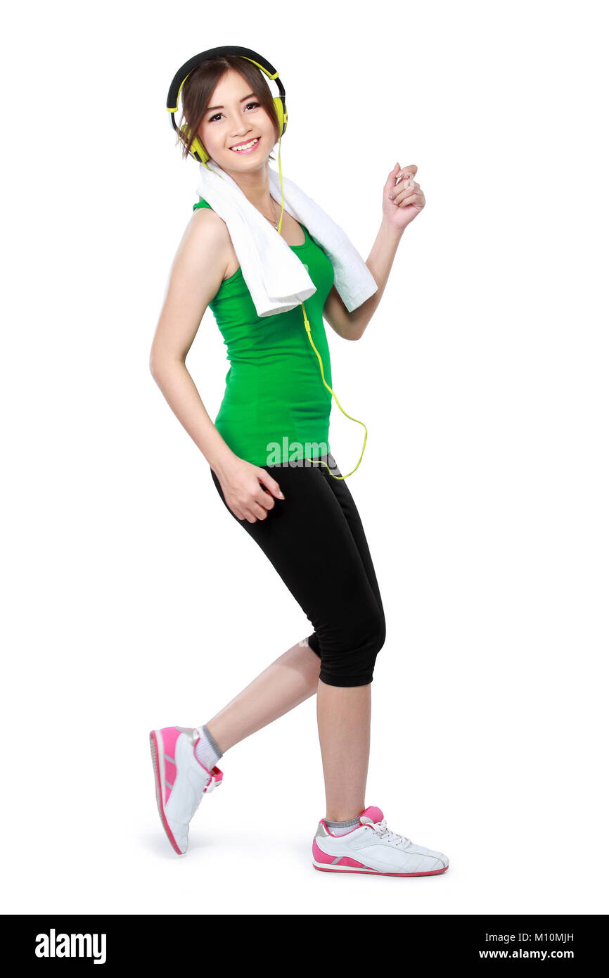 happy attractive asian woman fitness model portrait on white background Stock Photo