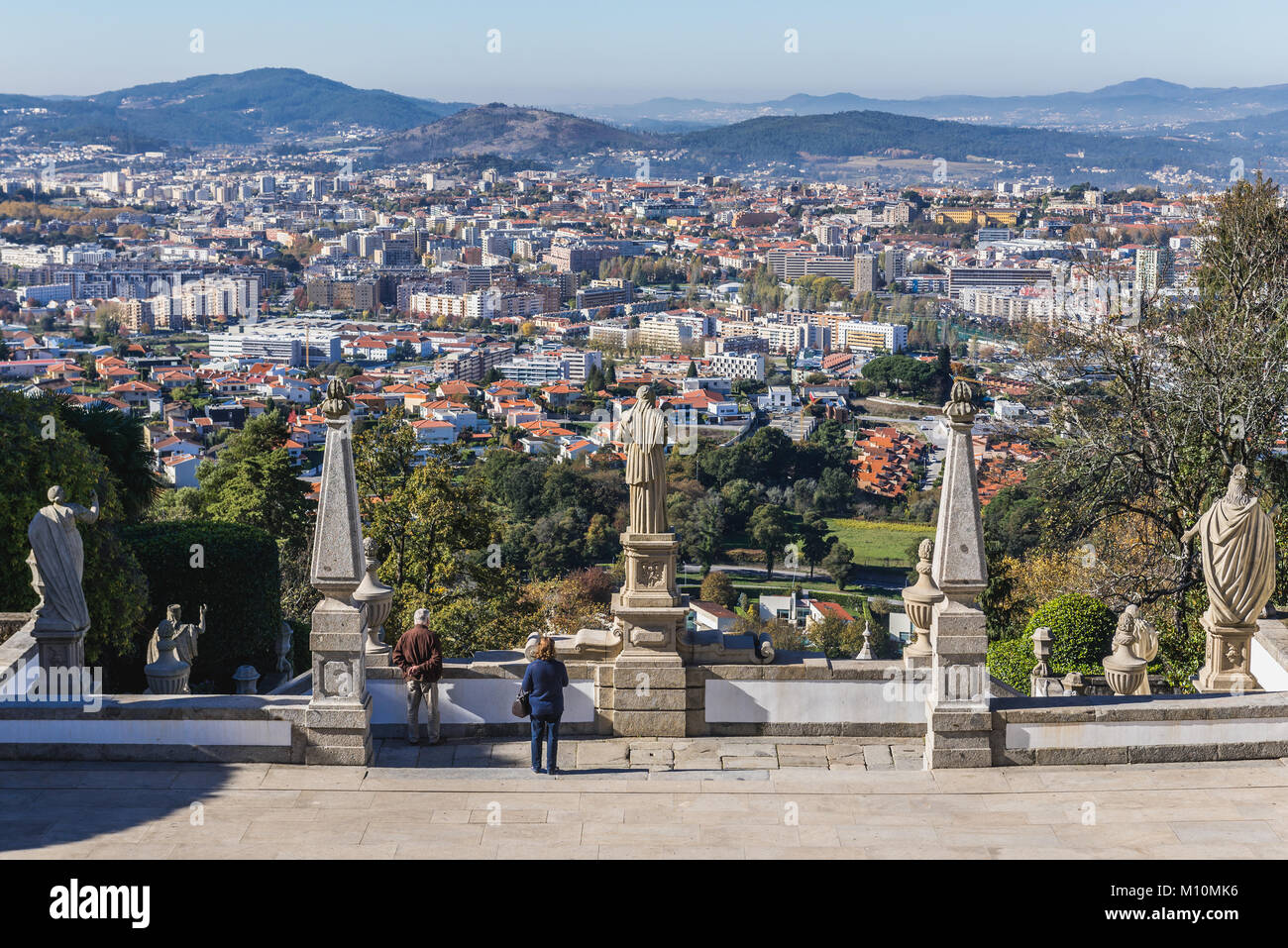 Aerial view of Braga city in Bom Jesus do Monte (Good Jesus of the Mount) sanctuary in Tenoes, outside the city of Braga, Portugal Stock Photo