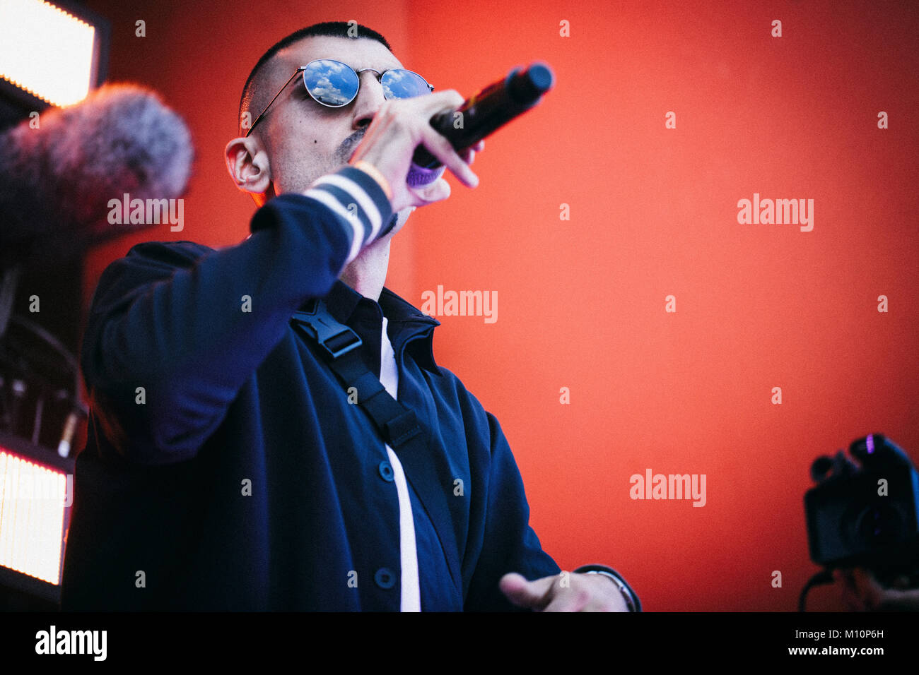 The Danish rapper Sivas (Stylized S!vas) performs a live concert at the Apollo Countdown stage at Roskilde Festival 2014. Sivas mess up the Danish dictionary combining Danish, English and Arabian in one big ghetto mixture. Denmark 02.07.2014. Stock Photo