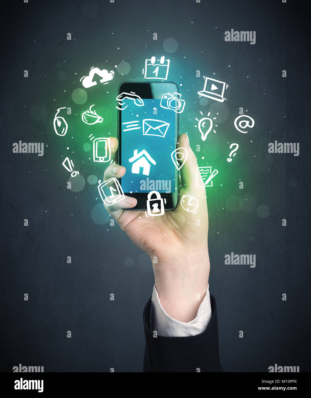 Caucasian hand in business suit holding a smartphone with drawn web ...