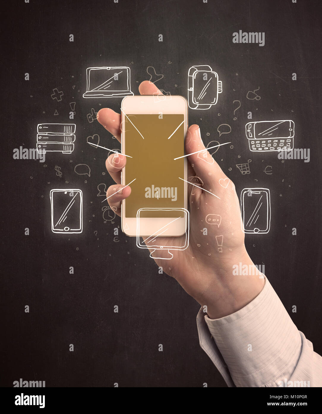 Caucasian hand in business suit holding a smartphone with hand-drawn ...