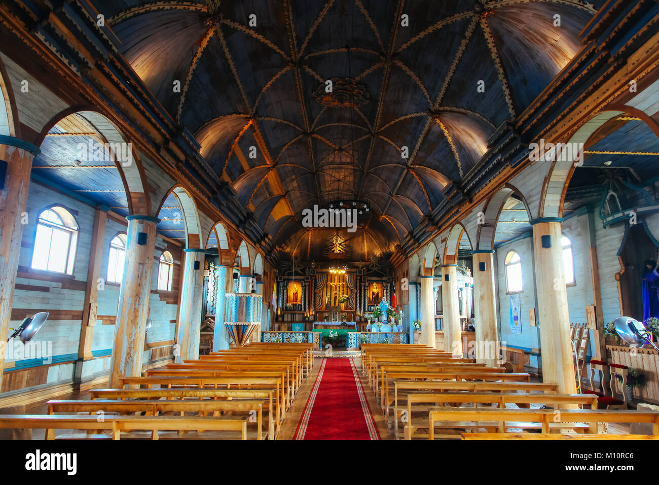 Chiloe Island, Achao (Chile): Church of Santa Maria de Loreto, UNESCO World Heritage Site, interior Stock Photo