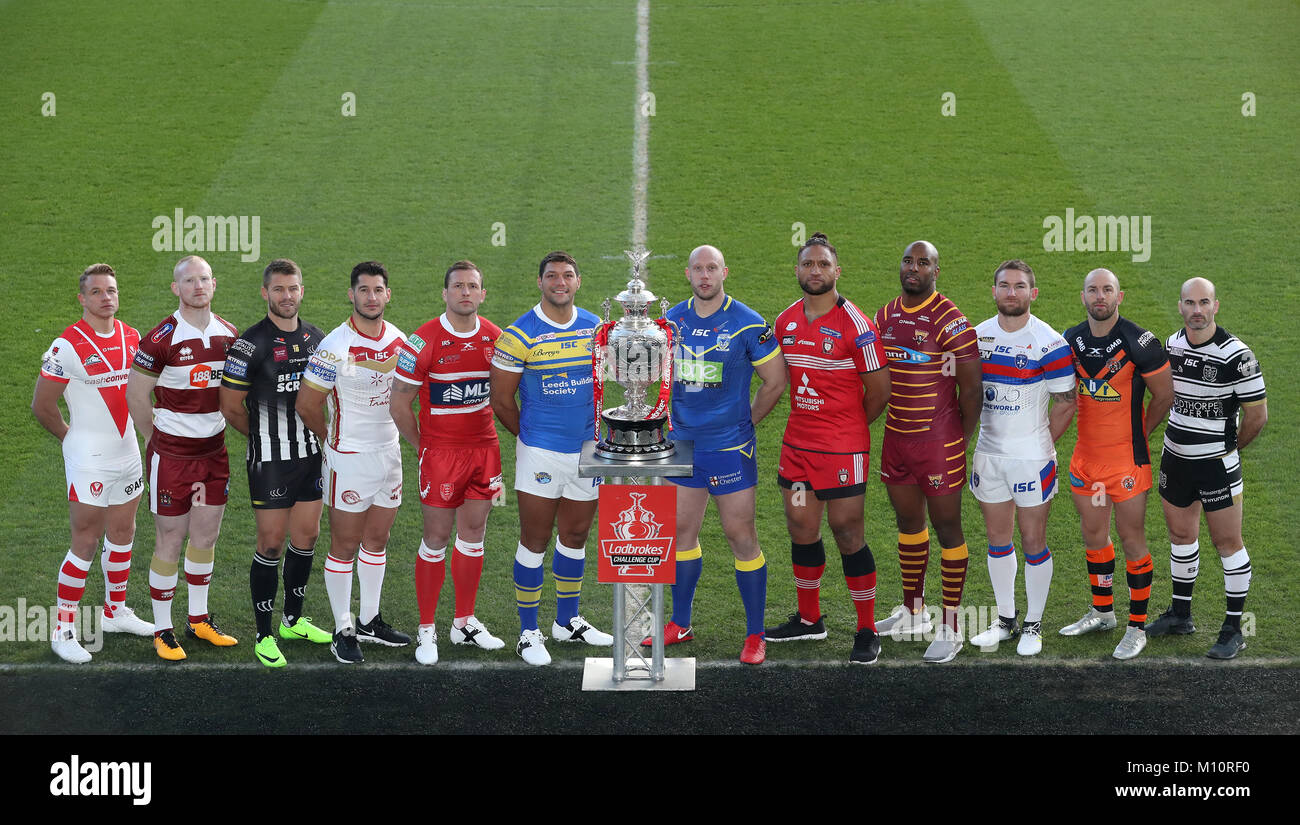 Players pose with the Challenge Cup trophy (left to right) St helens Jonny Lomax, Wigan Warriors Liam Farrell Widnes Vikings Rhys Hanbury, Catalans Dragons Ben Garcia, Hull KR Shaun Lunt, Leeds Rhinos Ryan Hall, Warrington Wolves Chris Hill, Salford City Reds Manu Vatuvei, Huddersfield Giants Michael Lawrence, Wakefield Wildcats Tyler Randell, Castleford Tigers Luke Gale, Hull FC Danny Houghton, during the 2018 Betfred Super League season launch at the John Smith's Stadium, Huddersfield. Stock Photo
