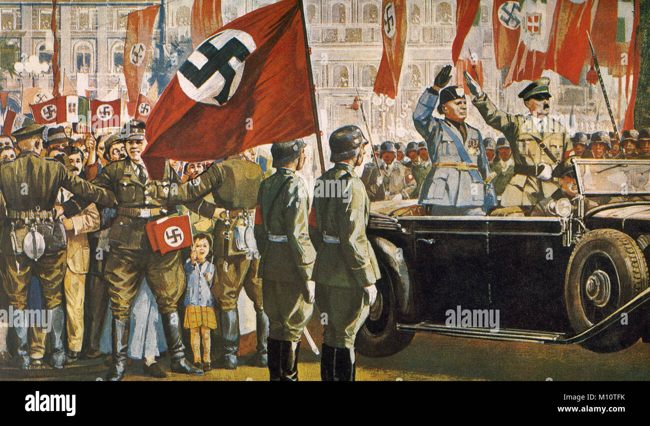 Benito  Mussolini (1883-1945), the italian leader of the National Fascist Party, visits Berlin on September 25, 1937 beeing received with a great ceremony. Mussolini and Hitler (1889-1945) are greeting the people with the Nazi salute. Color illustration. Stock Photo