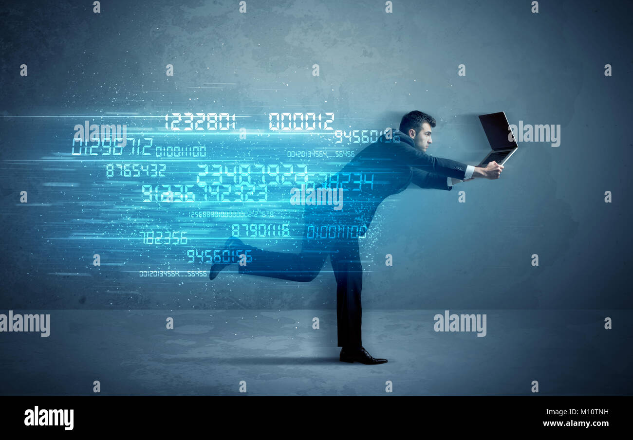 Tech Man Running Business man running with media device and high tech wireless data ...