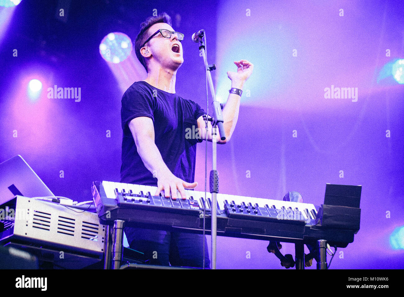 The American band Son Lux performs a live concert at the Polish music festival Off Festival 2015 in Katowice. The band consists of singer Ryan Lott (pictured), guitarist Rafiq Bhatia and drummer Ian Chang. Poland, 09/08 2015. Stock Photo