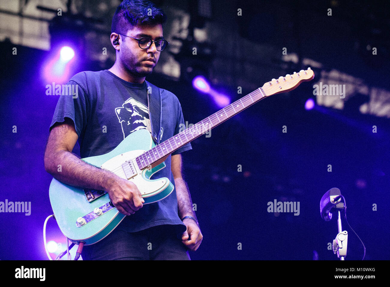 The American band Son Lux performs a live concert at the Polish music festival Off Festival 2015 in Katowice. The band consists of singer Ryan Lott, guitarist Rafiq Bhatia (pictured) and drummer Ian Chang. Poland, 09/08 2015. Stock Photo
