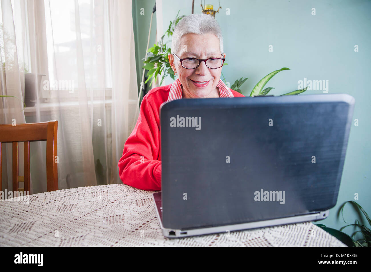 Senior old woman using her laptop at her home Stock Photo
