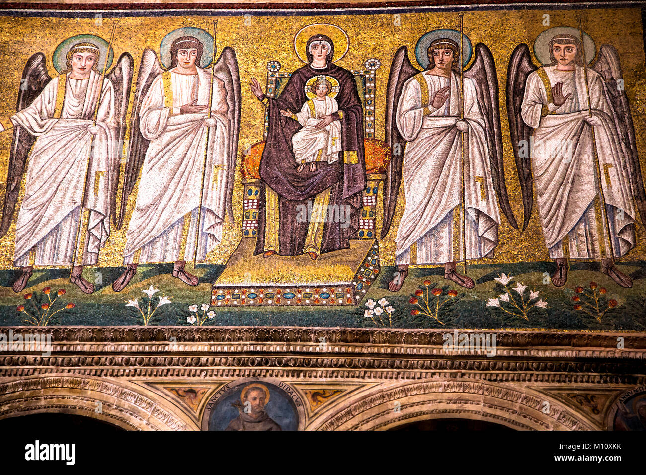 Mosaics of Madonna and Child with four Vanguard Angels in Basilica Di Sant Apollinare Nuovo in Ravenna Italy Stock Photo