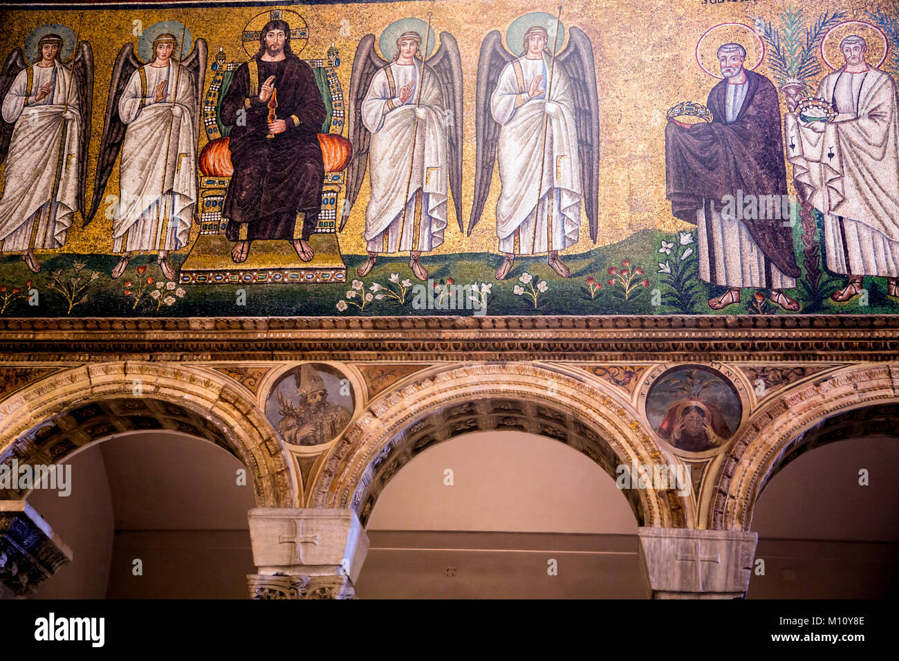 Christ with four Vanguard Angels mosaics in Basilica Di Sant Apollinare Nuovo in Ravenna Italy Stock Photo