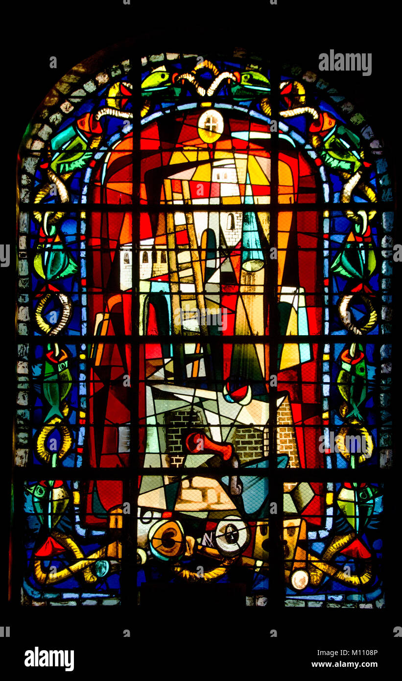 Paris, France. Church of St Pierre de Montmartre. Stained glass window by Max Ingrand: Primacy of St Peter Stock Photo