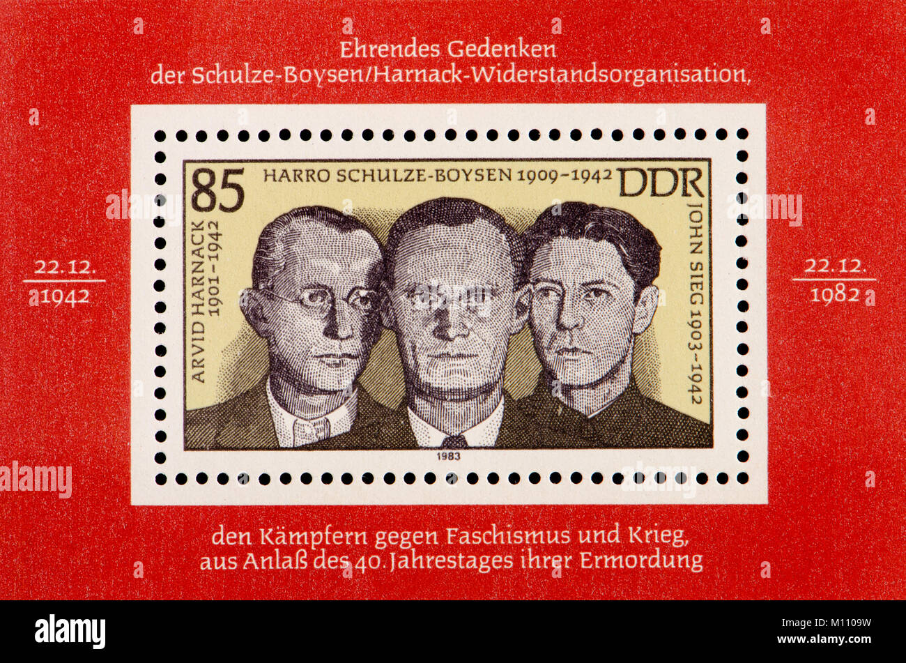East German (DDR) postage stamp (1983): Arvud Harnack (1901-42) Harro Schulze-Boyen (1909-42) John Sieg (1903-42) Members of the 'Red Orchestra' -.... Stock Photo
