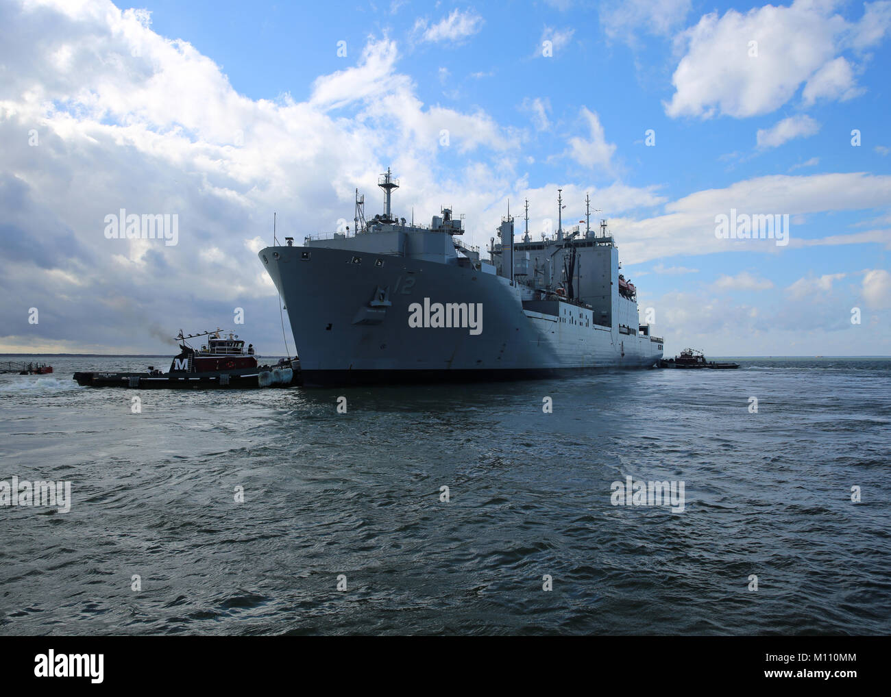 180123-N-OH262-567  NORFOLK (Jan. 23, 2018) The Military Sealift Command dry cargo and ammunition ship USNS William McLean (T-AKE 12) gets underway from Naval Station Norfolk, Jan. 23, 2018. William McLean departed from Virginia to begin its deployment in support of U.S. naval and allied forces operating in the U.S. 6th Fleet’s area of responsibility. (U.S. Navy photo by Bill Mesta/Released) Stock Photo