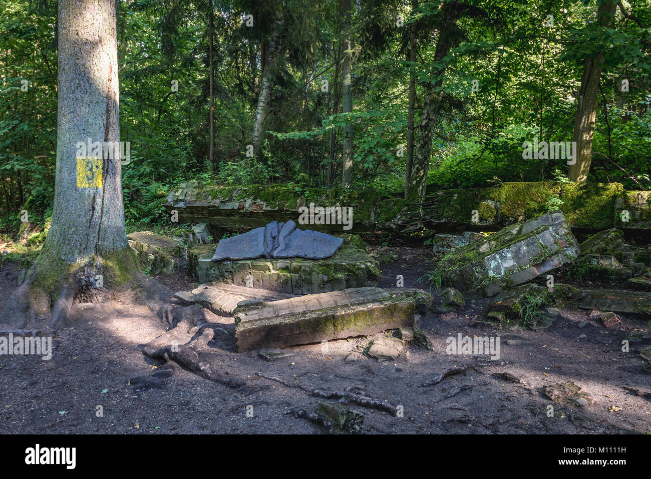 Memorial stone of 20 July plot - attempted to assassinate Adolf Hitler in Wolf's Lair - the headquarters of Adolf Hitler near Gierloz, Poland Stock Photo