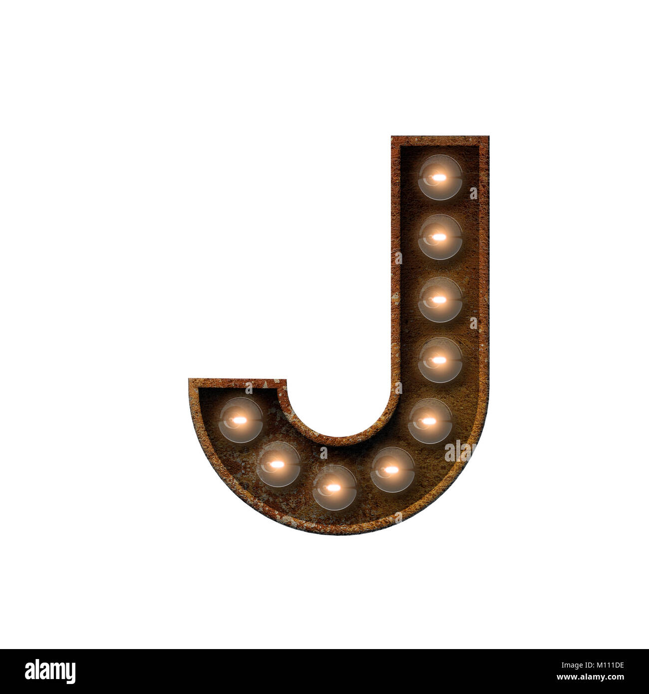 Rusted metal letter J light bulb font. 3D Rendering Stock Photo