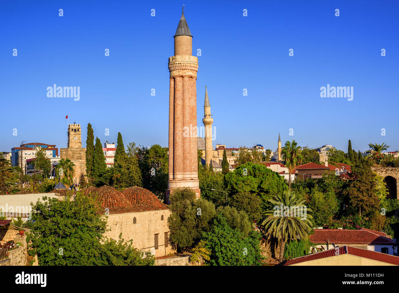 Antalya Old Town Kaleici, Turkey, with Yivli Minaret, Clock Tower and Tekeli Mehmet Pasa mosque Stock Photo