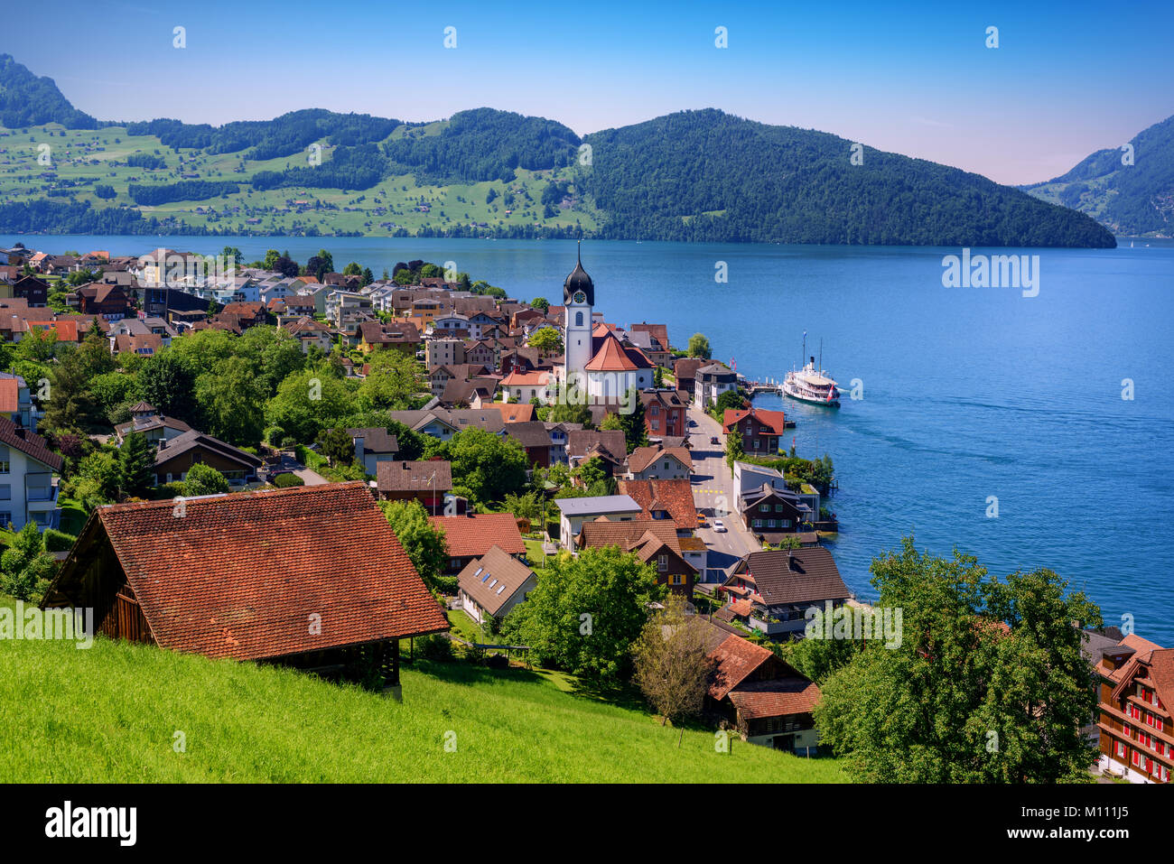 Picturesque landscape with Lake Lucerne and the Alps mountains, Switzerland Stock Photo
