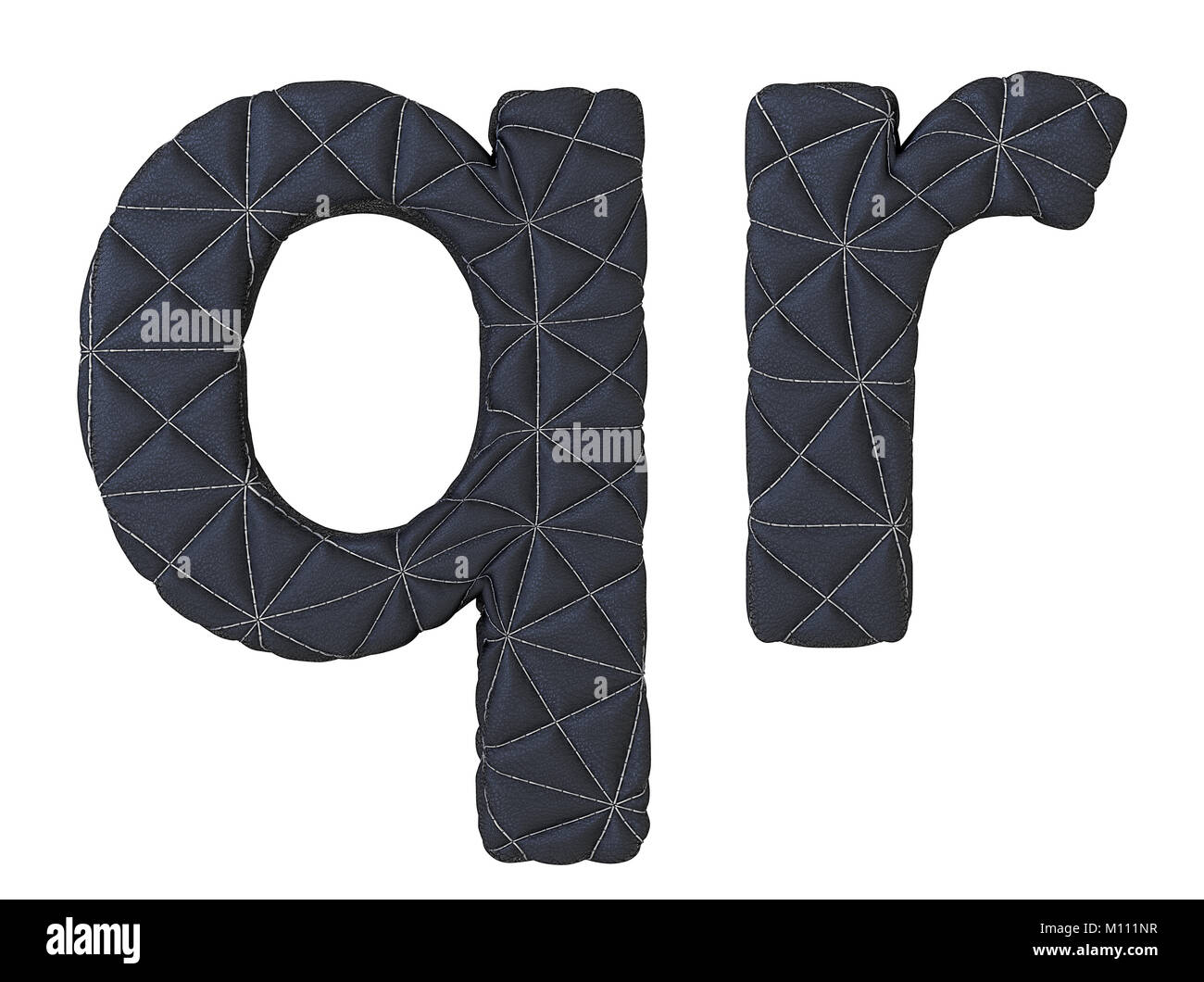 Lowercase stitched leather font q r letters isolated on white Stock Photo
