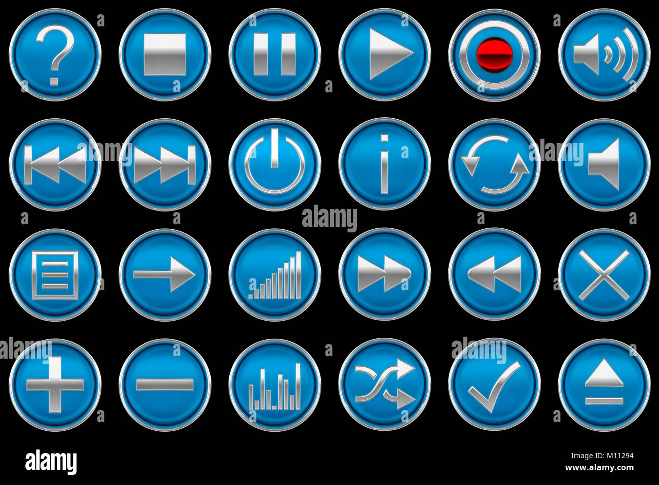 Pressed blue Control panel buttons isolated on black Stock Photo