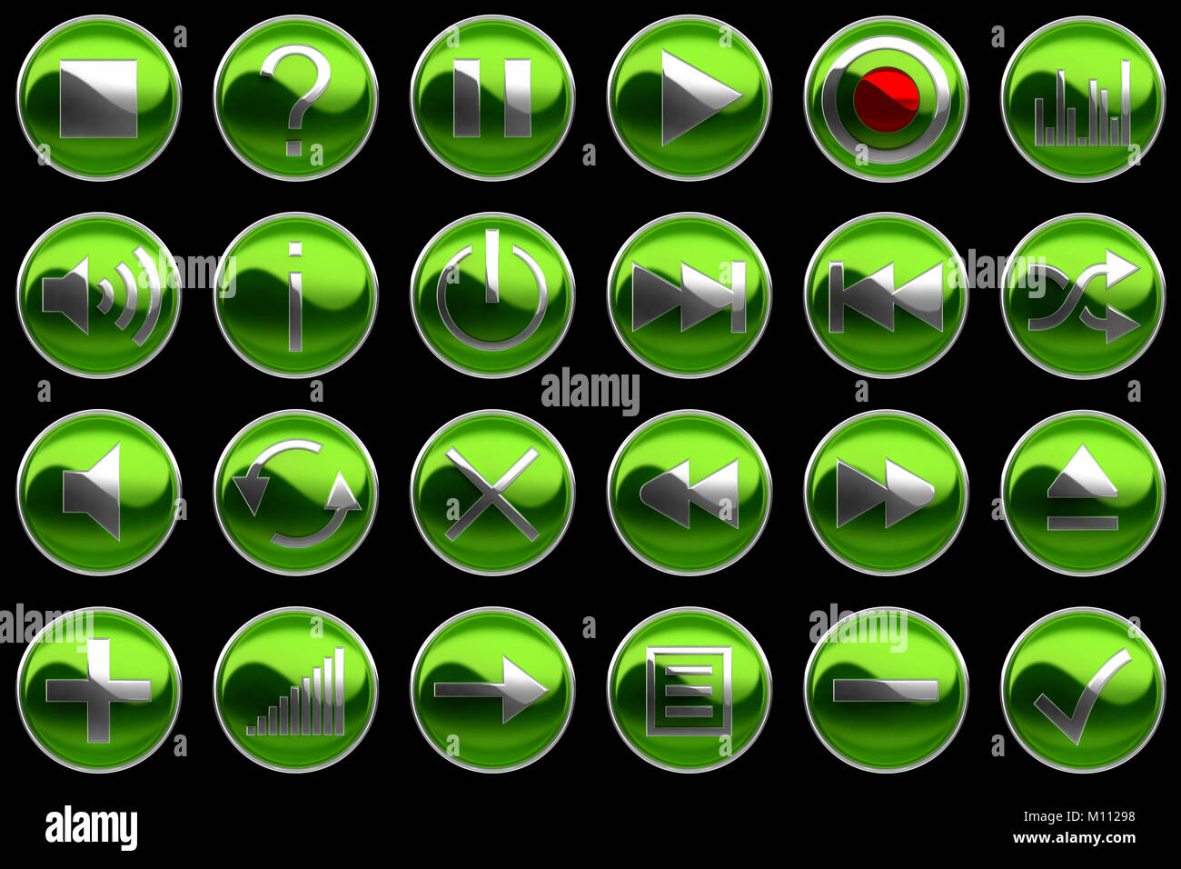 Round green Control panel buttons isolated on black Stock Photo