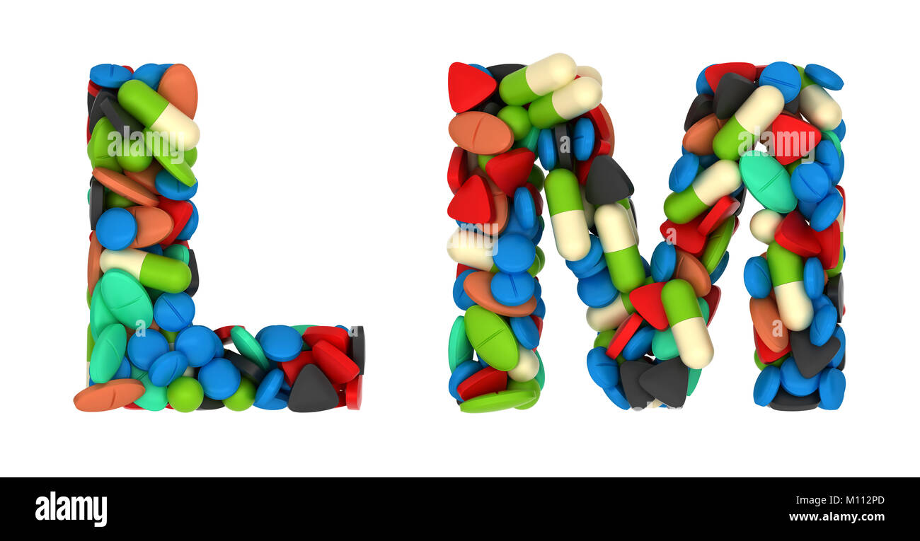 Medication font L and M pills letters over white Stock Photo - Alamy