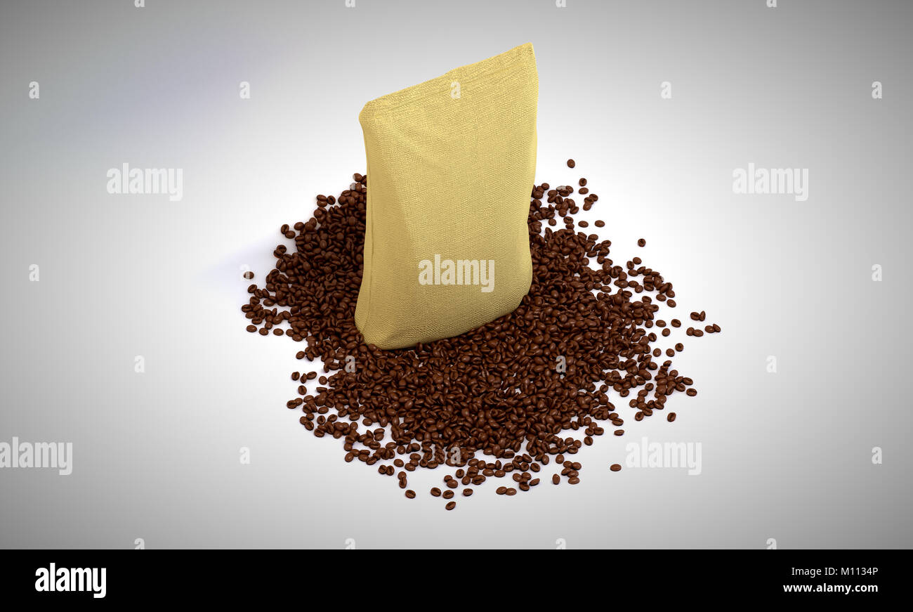 Coffee beans and Pack over grey background Stock Photo