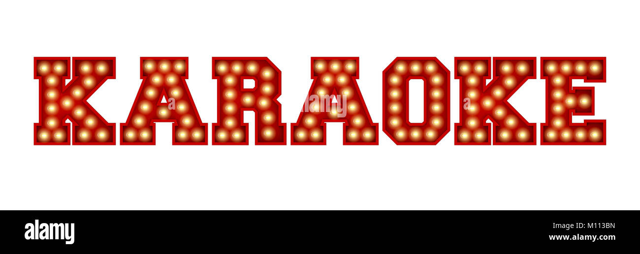 Karaoke word made from red vintage lightbulb lettering isolated on a white. 3D Rendering Stock