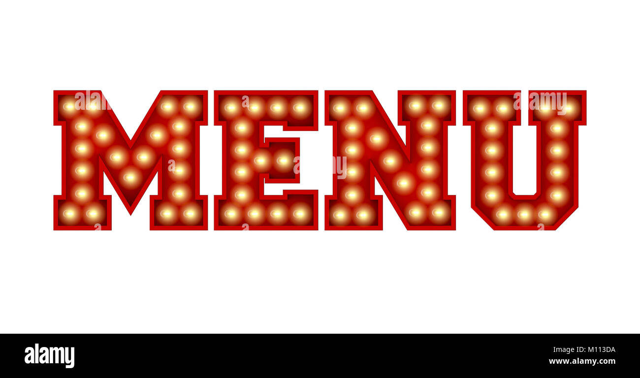 Menu word made from red vintage lightbulb lettering isolated on a white ...