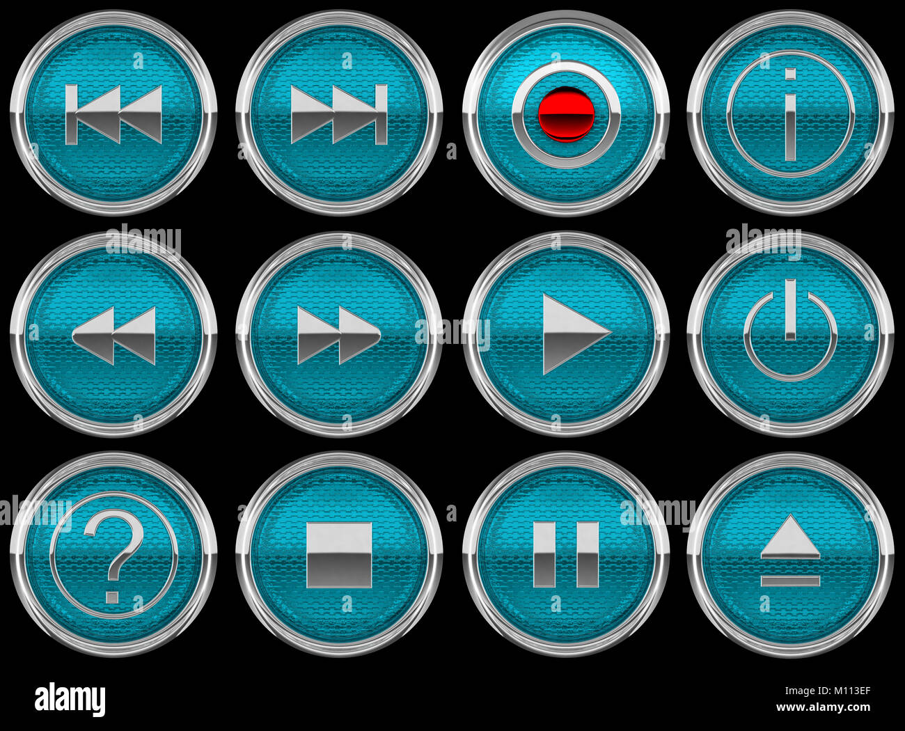 Blue Round Control panel buttons or icons isolated on black Stock Photo