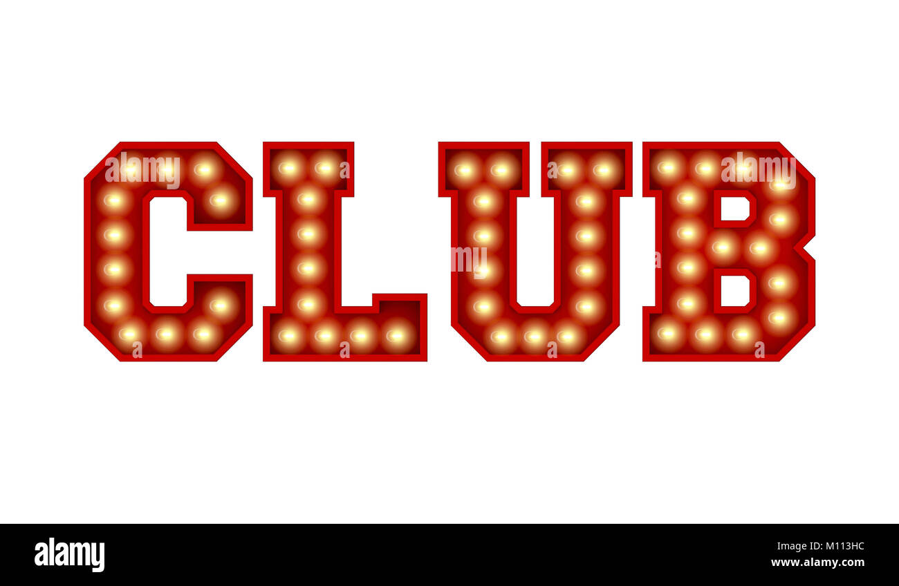 Club word made from red vintage lightbulb lettering isolated on a white
