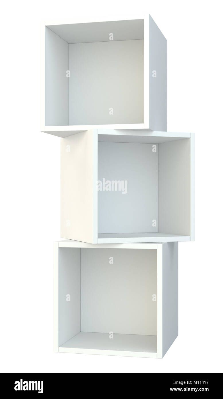 White box shelves. 3d rendering on isolated white background Stock