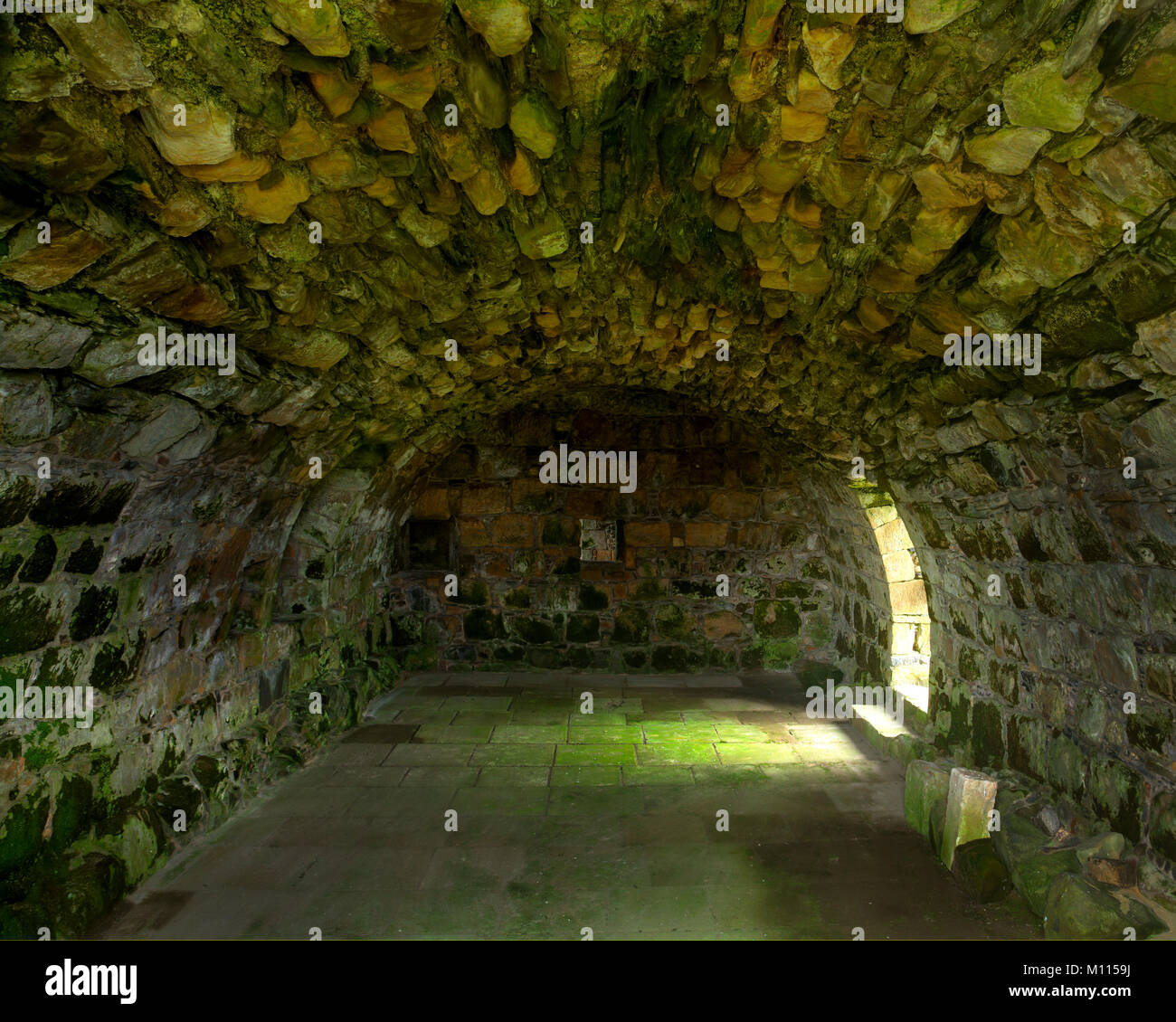 Old stone room with arched ceiling at Bonarmgy Friary, Northern Ireland Stock Photo