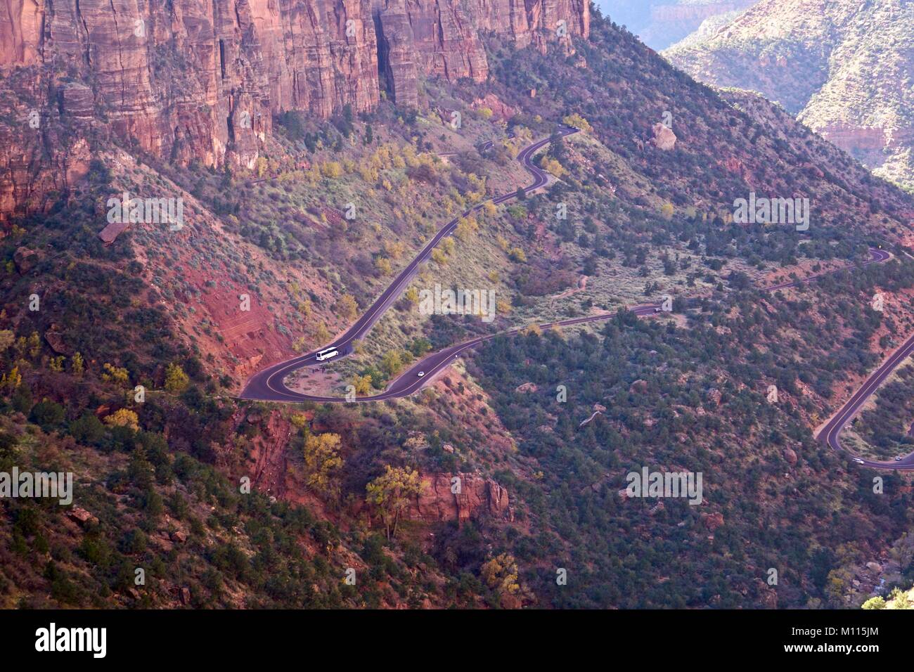 Close up of the winding road through Zion canyon from Overlook Panorama Stock Photo