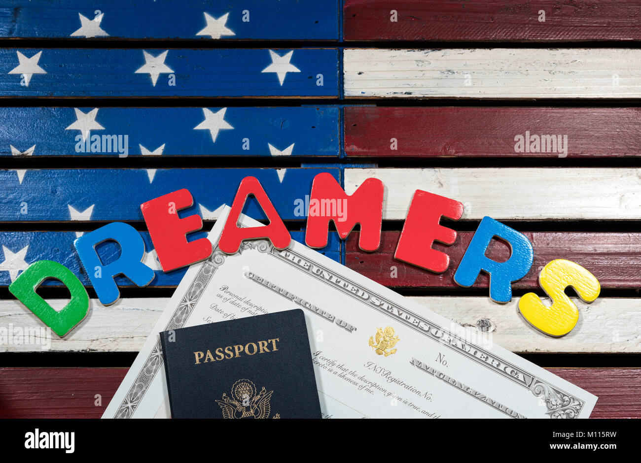 Dreamers concept using spelling letters on US flag Stock Photo