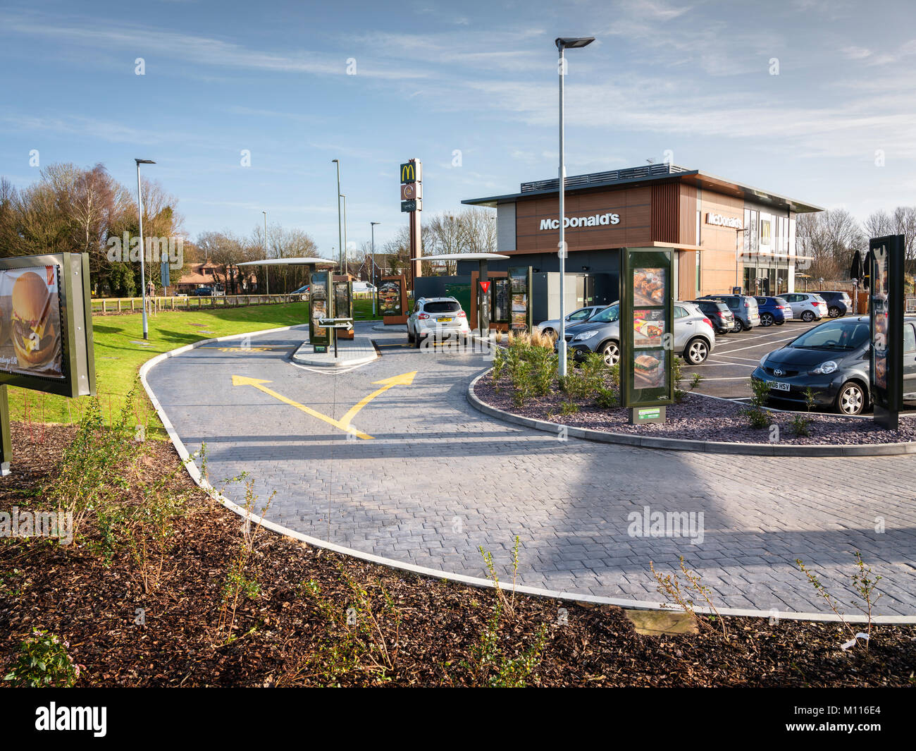 A McDonalds drive through restaurant near Portsmouth, Hampshire UK. Editorial use only. Stock Photo