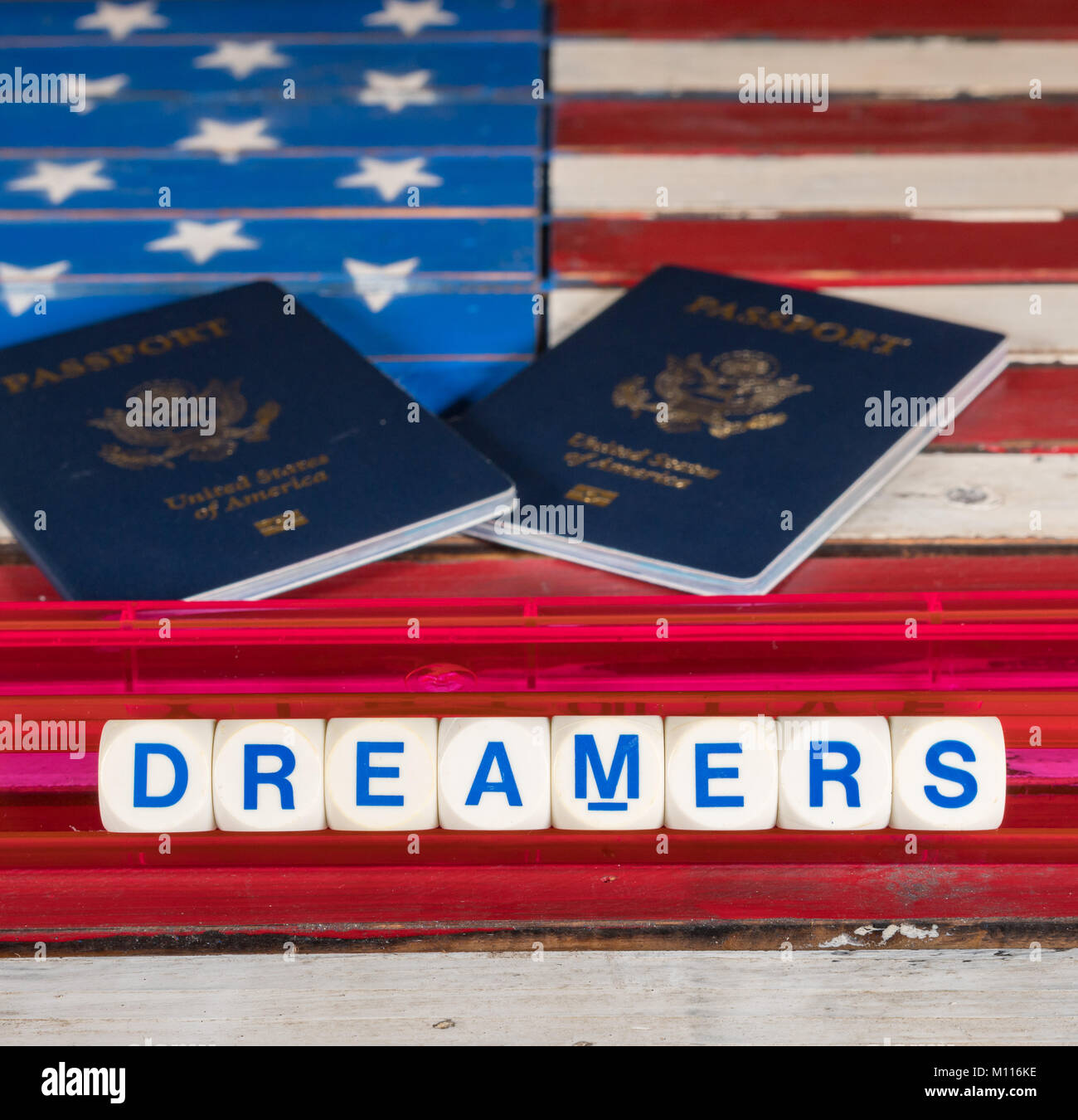 Dreamers concept using spelling letters on US flag Stock Photo