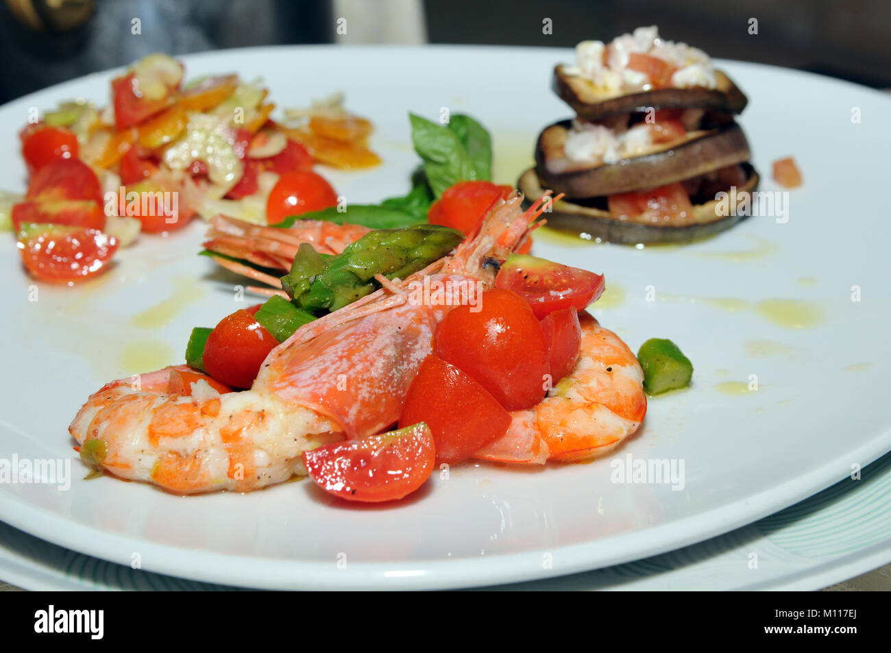 Appetizer, plate of prawn and tomatos, Sardinia, Italy Stock Photo