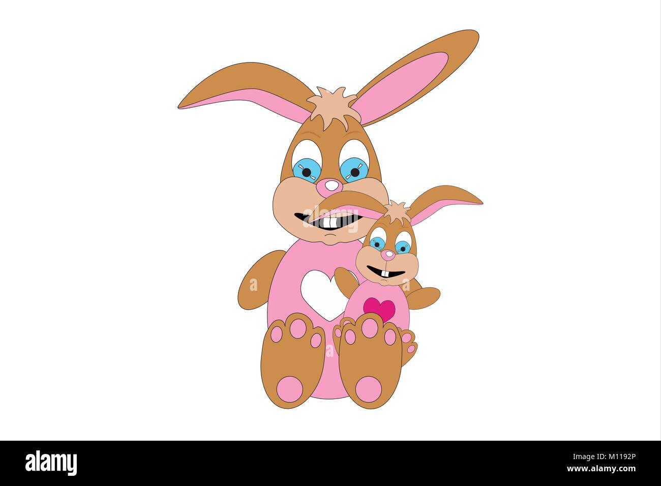 Illustration of easter bunny mum with easter bunny baby girl sitting in her lap, vector of rabbit mother with daughter/bunnies with easter eggs Stock Vector