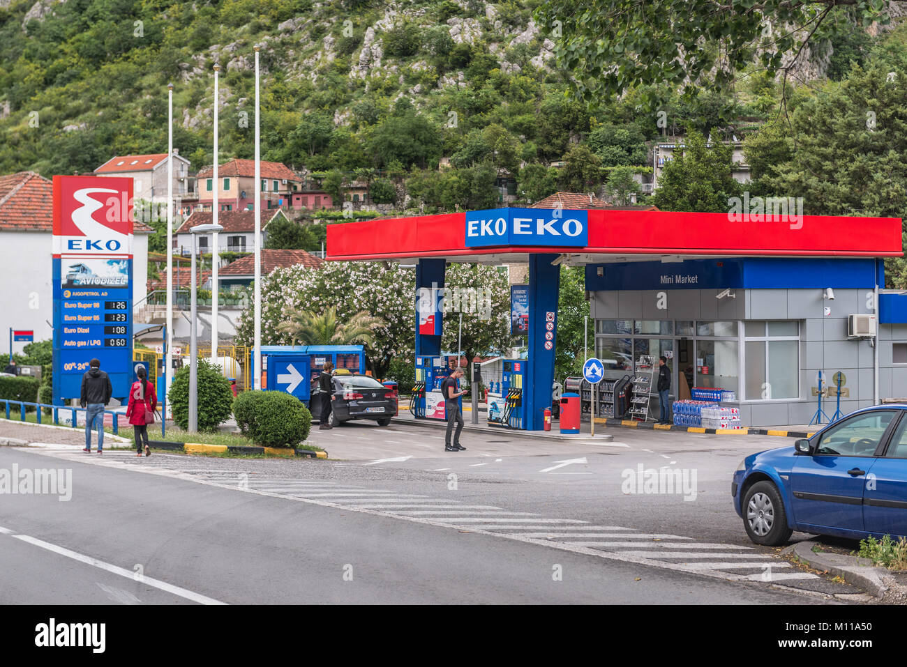 EKO gas station in Skaljari, small town in Kotor Municipality in Montenegro Stock Photo