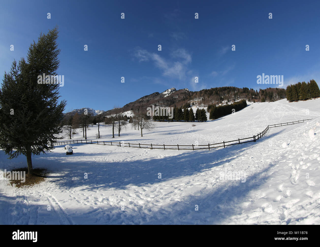 mountains with wide fish eye lens and white snow in winter Stock Photo ...