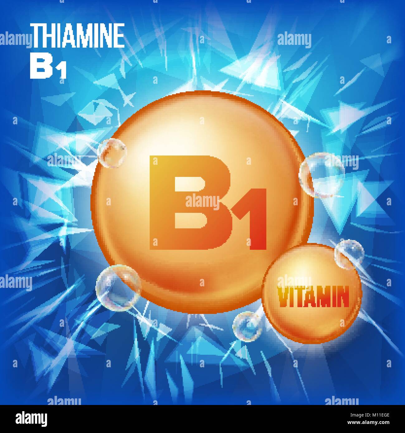Vitamin B1 Thiamine Vector. Vitamin Gold Oil Pill Icon. Organic Vitamin