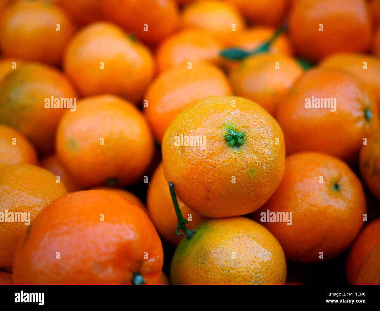 Street food market. A stand full of fresh tangerines. Stock Photo