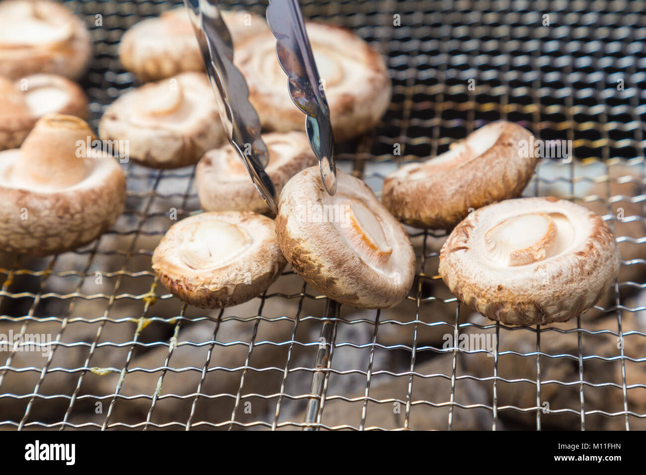 Fresh Shitake, Japanese mushrooms, being grilled with the top facing down.  Use in various Japanese dishes Stock Photo