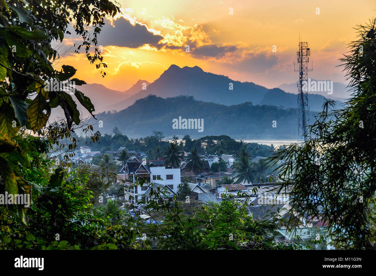 Sunset over UNESCO World Heritage Luang Prabang, Laos Stock Photo