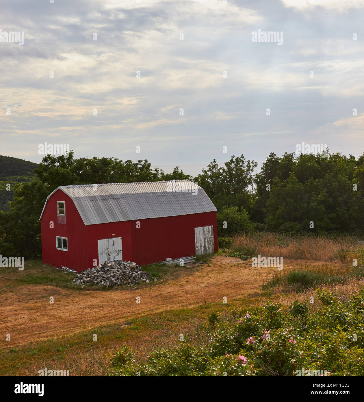 Pile of firewood outside traditional timber red barn, Nova Scotia