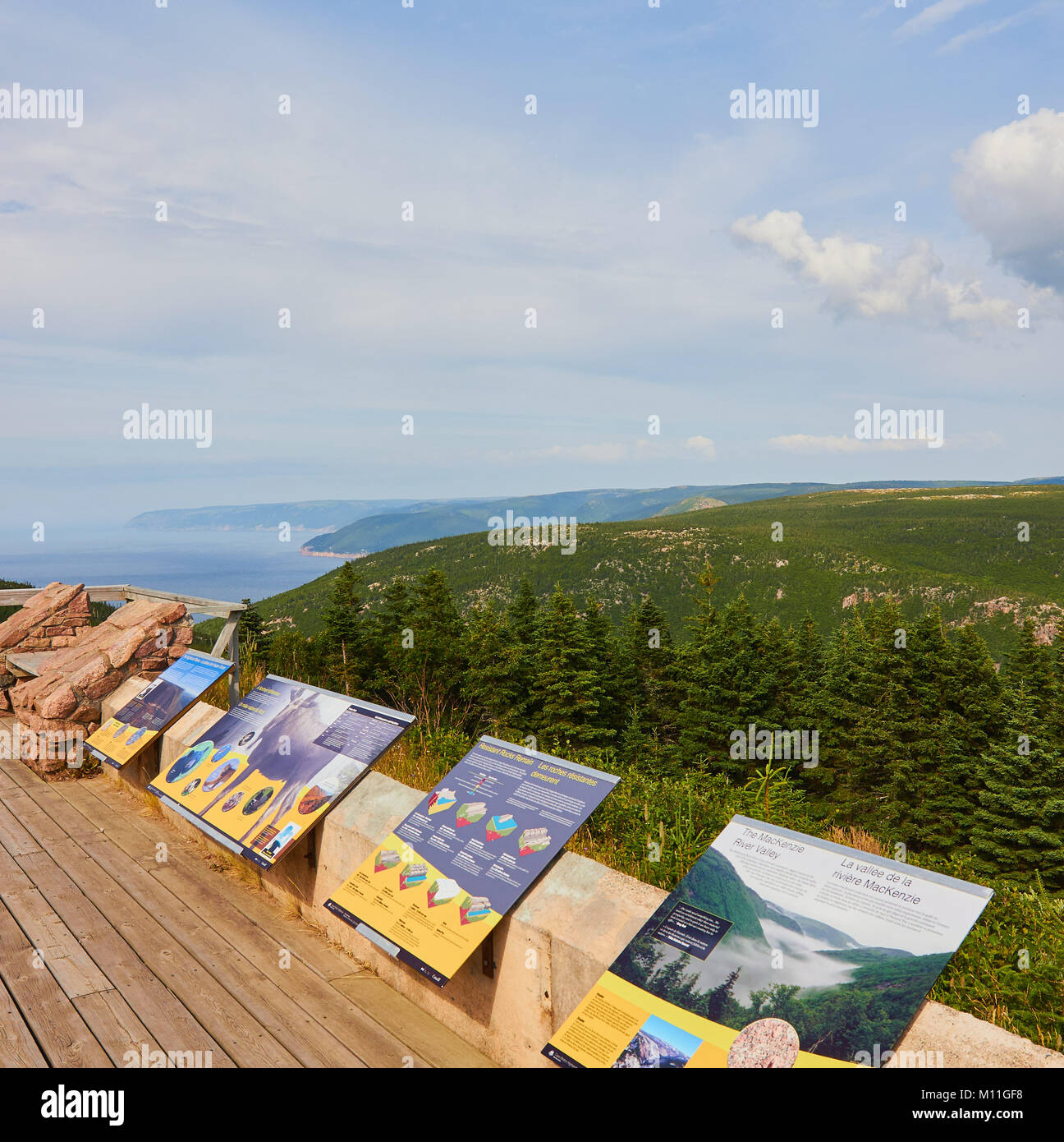 Viewing platform with information boards for visitors in the Cape Breton Highlands National Park, Cape Breton Island, Nova Scotia, Canada Stock Photo